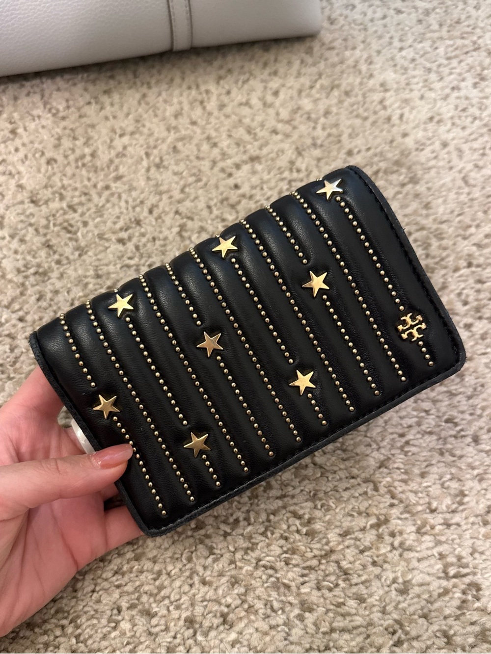 Tory Burch Black Quilted Star Stud Compact Wallet with Gold Accents